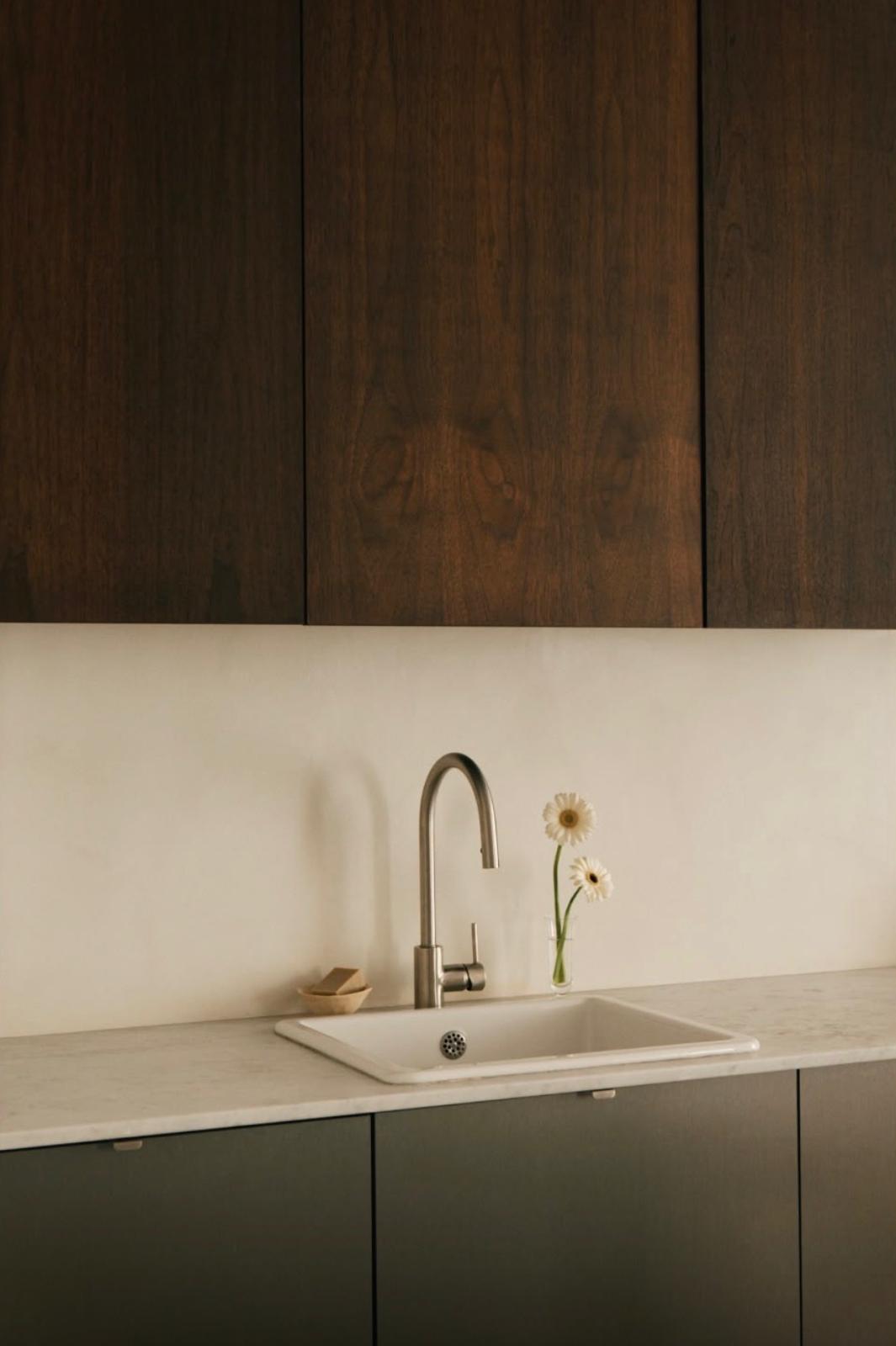 Détail de la cuisine : évier en céramique, plan en marbre clair et menuiserie en noyer